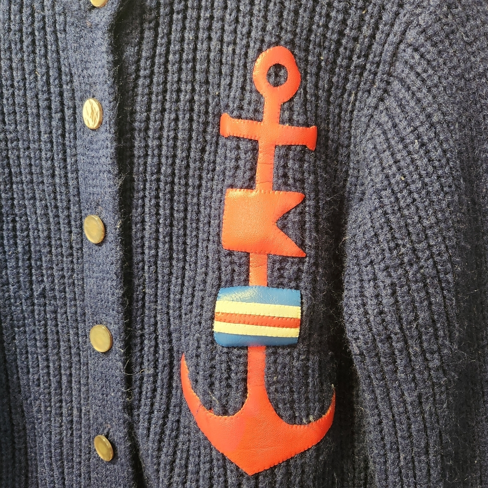 Vintage Ownen Navy Rib Knit Nautical Anchor Cardigan Sweater Button Up Womens S - Picture 4 of 11